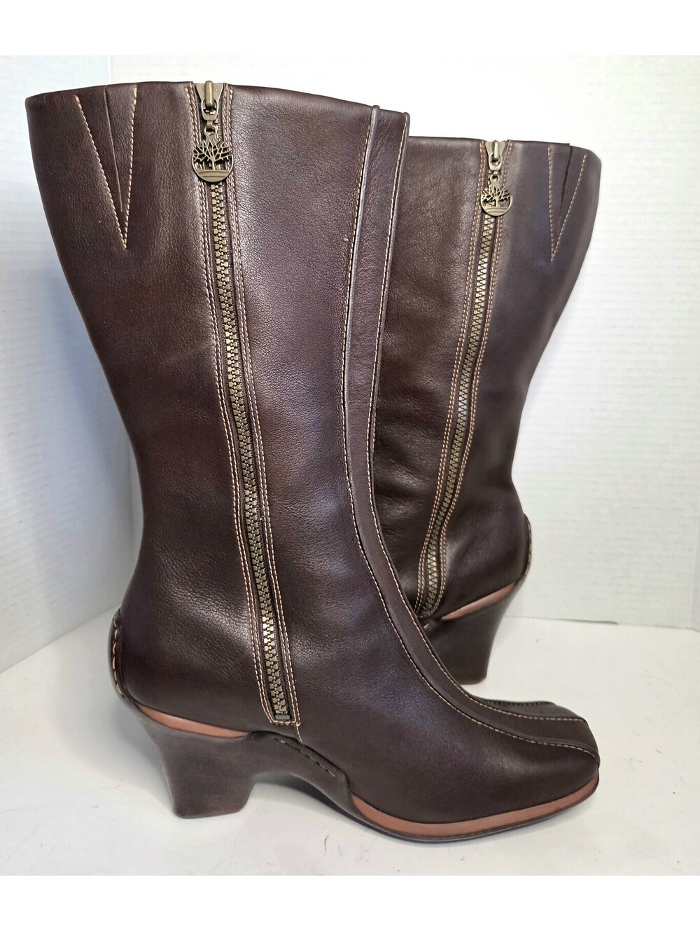 Timberland Uptown Tall Genuine Brown Leather Heeled Boots Side Zip Women’s 9 - Picture 9 of 9